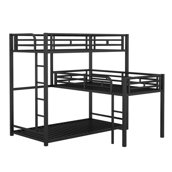 L-Shaped Triple Twin Size Bunk Bed, Industrial Design With Integrated Ladder And Full Length Guardrails - Black