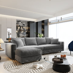 Plush Corduroy 4 Seat Sofa With Soft Pillows And Movable Ottoman