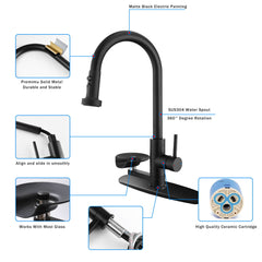 3 In 1 Kitchen Faucet With Press Type Glass Rinser, High Arc Pull Down Sprayer