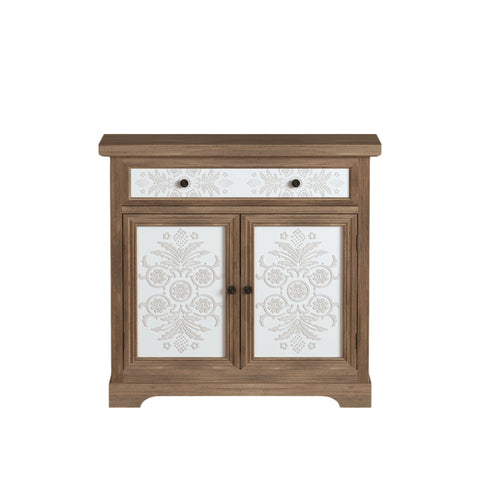 Accent Cabinet With Carved Floral Panels, Sideboard With Drawer And Double Doors - Antique Brown / White