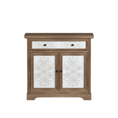 Accent Cabinet With Carved Floral Panels, Sideboard With Drawer And Double Doors - Antique Brown / White