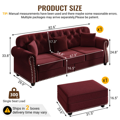 Upholstered 3 Seater Sofa Set With Ottoman