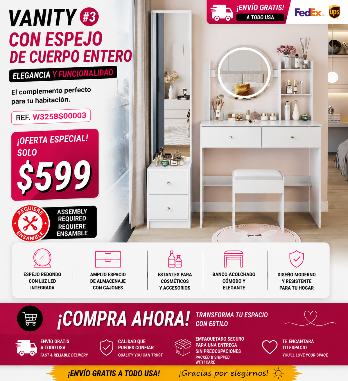 48-VANITY #3-Full Body Mirror Cabinet + Round Mirror LED Vanity Table + Cushioned Stool
