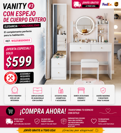 48-VANITY #3-Full Body Mirror Cabinet + Round Mirror LED Vanity Table + Cushioned Stool