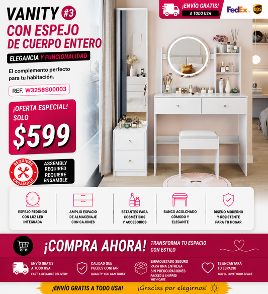 48-VANITY #3-Full Body Mirror Cabinet + Round Mirror LED Vanity Table + Cushioned Stool