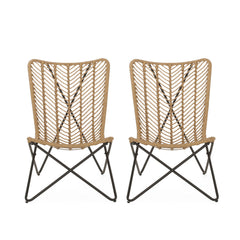 Wicker Chair With Geometric Cross Base, (Set of 2) - Light Brown