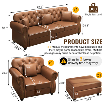 Upholstered Sofa With Nailhead Trim, Rolled Armrests With Ottoman