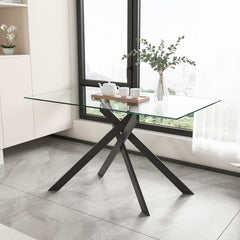 Rectangular Clear Tempered Glass Dining Table, Stylish Design With Metal Legs