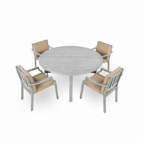 Outdoor Wooden Dinning Set With An Umbrella Hole And Removable Cushions For Patio