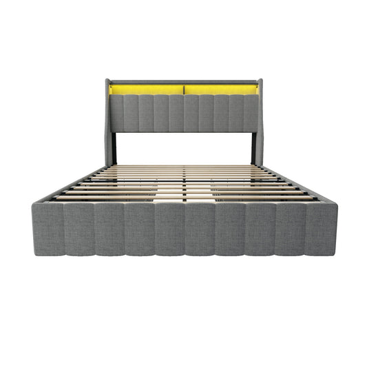 Queen Size Bed Frame With LED Lighting, Winged Headboard With Storage Drawers - Light Gray