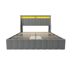 Queen Size Bed Frame With LED Lighting, Winged Headboard With Storage Drawers - Light Gray