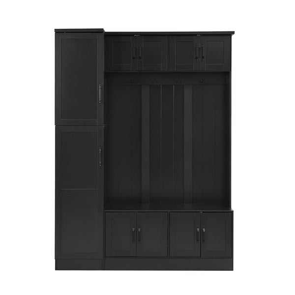 Tall Hall Tree With Shoe Storage, 4 In 1 Entryway Bench With 6 Cabinets, 4 Coat Hooks & Adjustable Shelf For Hallway - Black