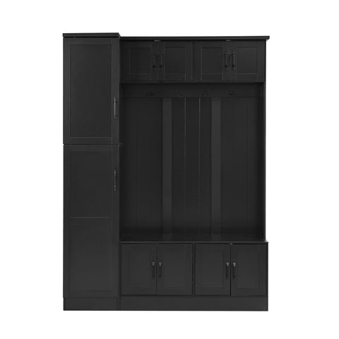 Tall Hall Tree With Shoe Storage, 4 In 1 Entryway Bench With 6 Cabinets, 4 Coat Hooks & Adjustable Shelf For Hallway - Black