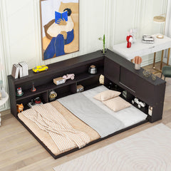 Floor Bed With L-Shaped Bookcases, Sliding Doors, Without Slats