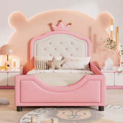 Twin Size Cute Princess Upholstered Daybed Low To The Ground Design With Button Tufted Crown Headboard For Kids - Pink