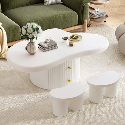 Cloud - Coffee Table (Set of 3), Irregular Shape Coffee Table With 2 Drawers, 2 Small Stools For Living Room - White