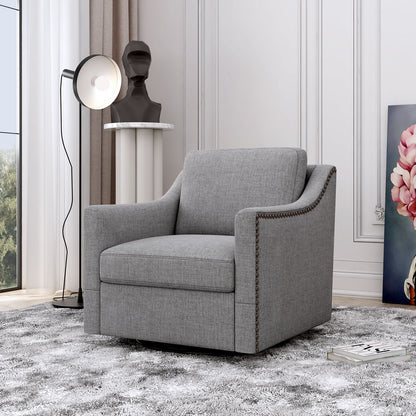 360 Degree Swivel Armchair, Skin Friendly Fabric, Ergonomic Design, Brass Nail Decorative Armchair