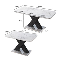 Rectangle Dining Table With Stretchable Top, X Shape Mdf Legs With Steel Base - White / Black