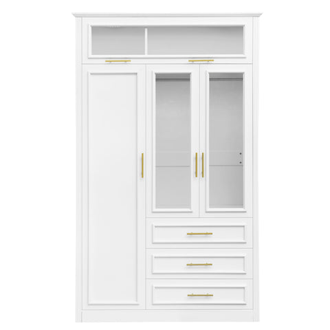 3 Door Wardrobe Armoire With LED Lighting And 3 Drawers - White