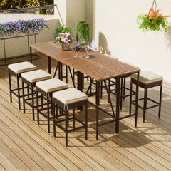 Outdoor Acacia Wood Bar Height Table And Eight Stools With Cushions