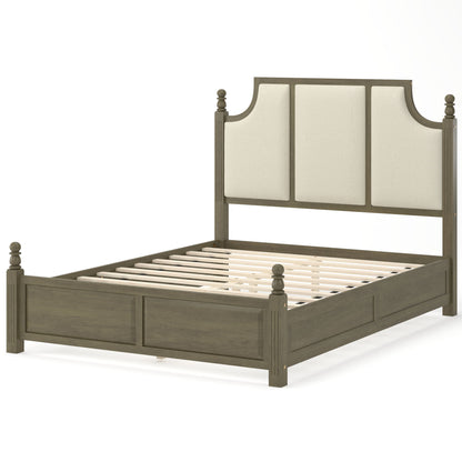 Farmhouse Platform Bed Frame With Tall Linen Upholstered Headboard
