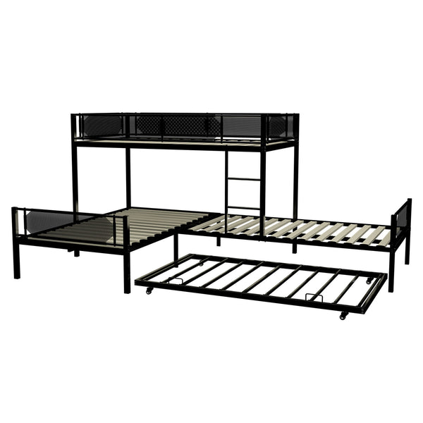 L Shape Metal Triple Bunk Bed With Trundle For 4 Kids, Heavy Duty Metal & Wood Construction - Black
