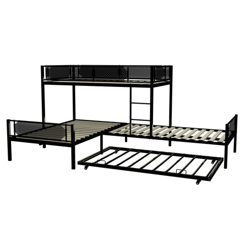 L Shape Metal Triple Bunk Bed With Trundle For 4 Kids, Heavy Duty Metal & Wood Construction - Black