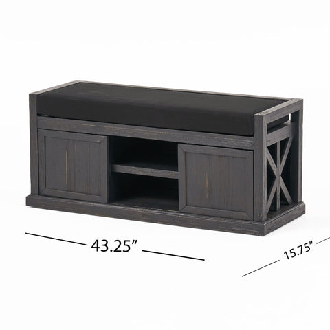 Wood Bench With 2 Open Shelves And Water Resistant Cushion - Dark Gray