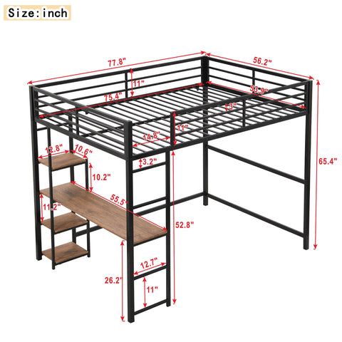 Loft Bed With Built In Desk And Storage Shelves, Full Size - Black