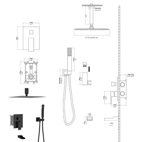 Shower System With Waterfall Tub Spout And 16" Ceiling Mount Square Rain Shower - Oil-Rubbed Bronze