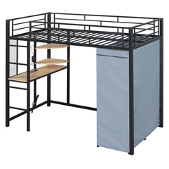 Loft Bed With Desk, Shelves, Power Outlet, LED Light And Wardrobe