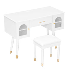 Elegant Vanity Makeup Table & Chair Set Modern Dressing Table With Organizer Writing Desk Charging Port Engineered Wood - White