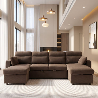 Convertible Sectional Sofa With Storage Chaise, Cup Holders And Pull Out Sleeper