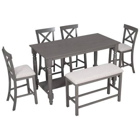 6 Piece Counter Height Dining Table Set With Shelf, 4 Chairs And Bench