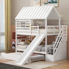 House Bunk Bed With Trundle, Storage Staircase, Roof And Window Design