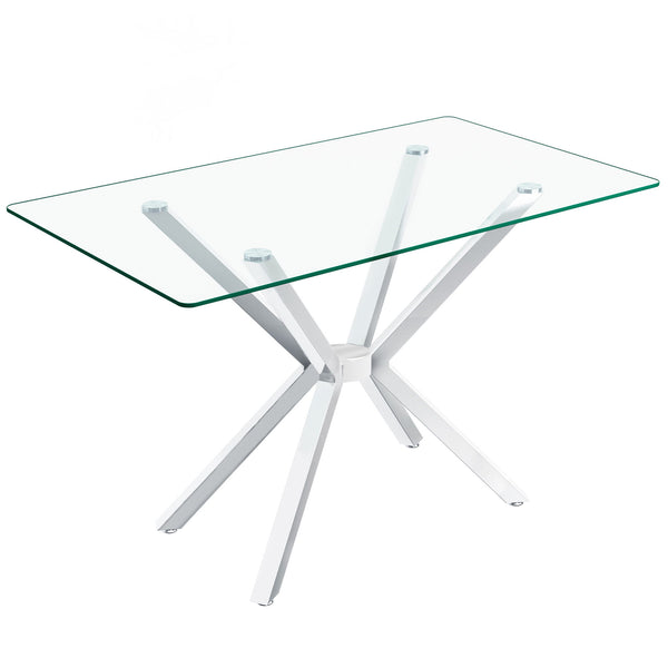 Rectangular Clear Tempered Glass Dining Table, Stylish Design With Plated Metal Legs