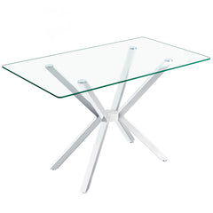 Rectangular Clear Tempered Glass Dining Table, Stylish Design With Plated Metal Legs