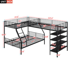 L-Shaped Twin Over Full Bunk Bed And Twin Loft Bed With 4 Built In Shelves - Black
