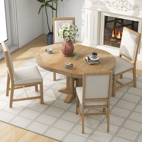 5 Piece Dining Set With Extendable Round Table And Upholstered Chairs