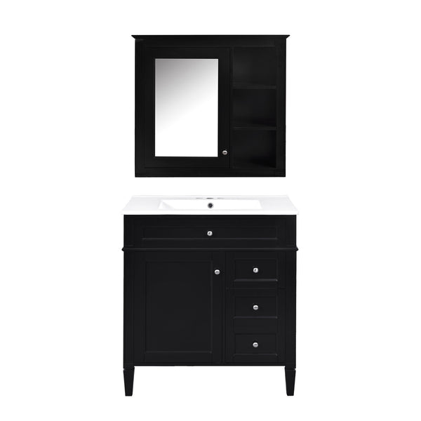Bathroom Vanity With Top Sink, 2 Doors And 3 Drawers, Freestanding Set With Mirror Cabinet