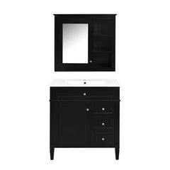 Bathroom Vanity With Top Sink, 2 Doors And 3 Drawers, Freestanding Set With Mirror Cabinet