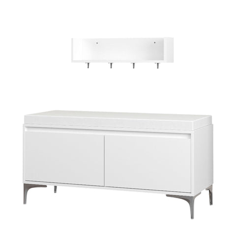 Wall Mounted Entryway Shelf With Hooks And Storage Bench Set - Off White