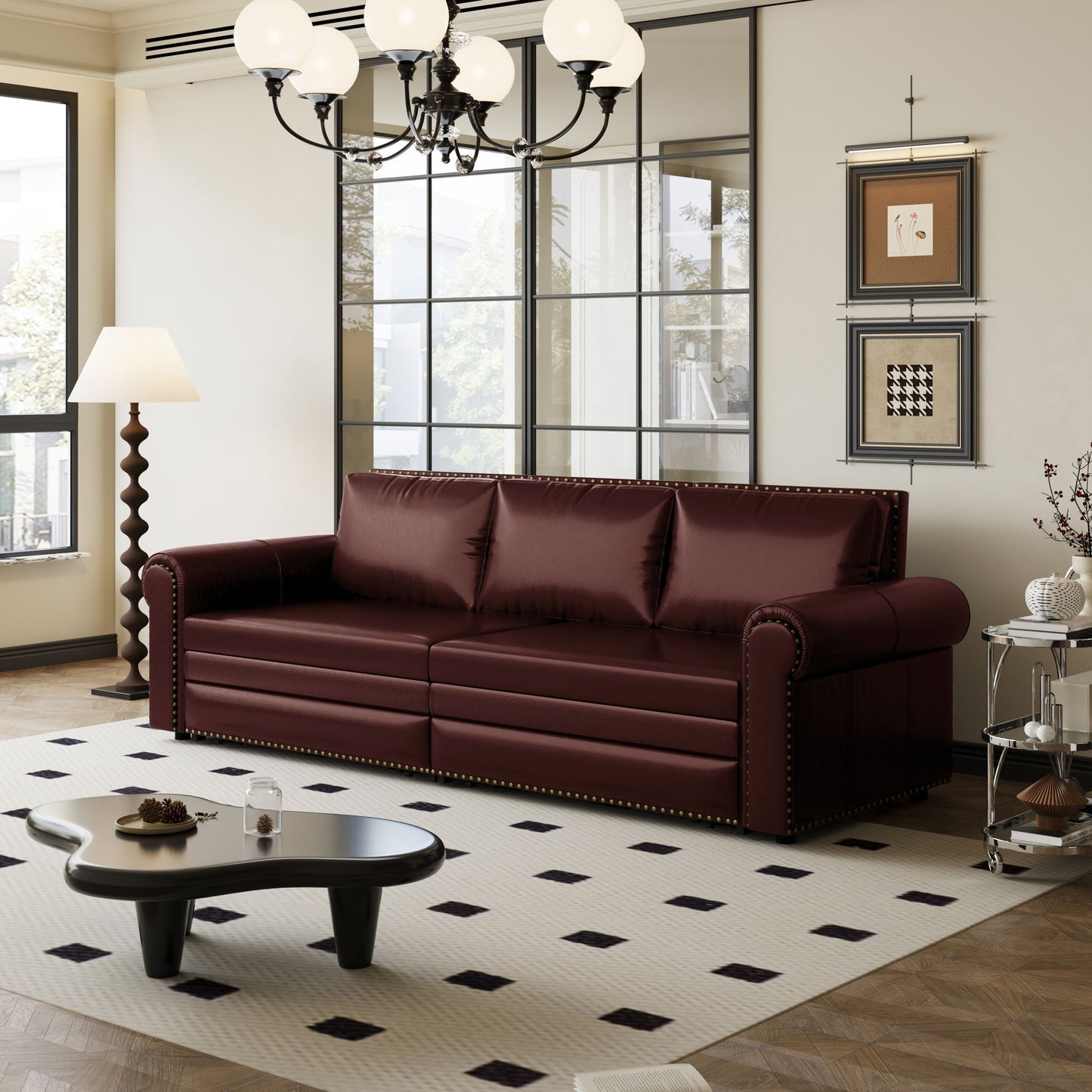 3 In 1 Convertible Sleeper Sofa With Nailhead Trim & Rolled Arm