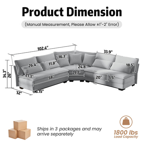 5 Seater L Shaped Sectional Sofa With Curved Corner, 7 Pillows