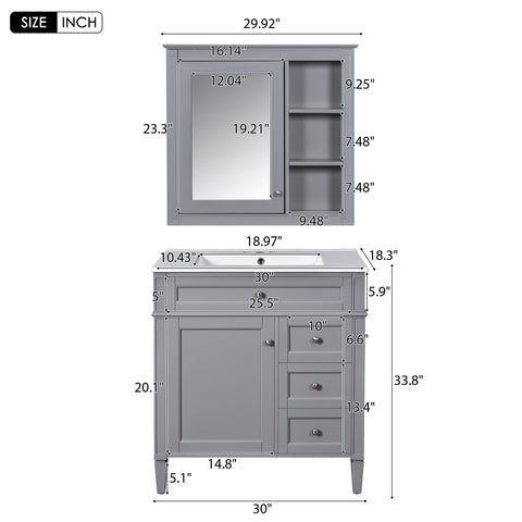 Bathroom Vanity With Top Sink, Freestanding Storage Cabinet With 2 Doors And 3 Drawers, Mirror Cabinet Included - Gray