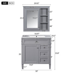 Bathroom Vanity With Top Sink, Freestanding Storage Cabinet With 2 Doors And 3 Drawers, Mirror Cabinet Included - Gray