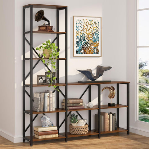 6 Tier Ladder Corner Etagere Bookshelf - Rustic Brown