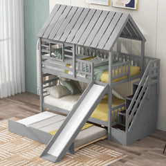 House Bunk Bed With Trundle, Storage Staircase, Roof And Window Design