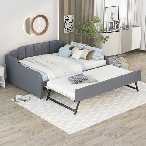 Full Size Upholstered Daybed With Trundle And USB Charging - Gray