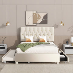 Queen Bed With Pull Out Trundle & Storage Drawers, No Box Spring Required, Space Saving Design - Beige